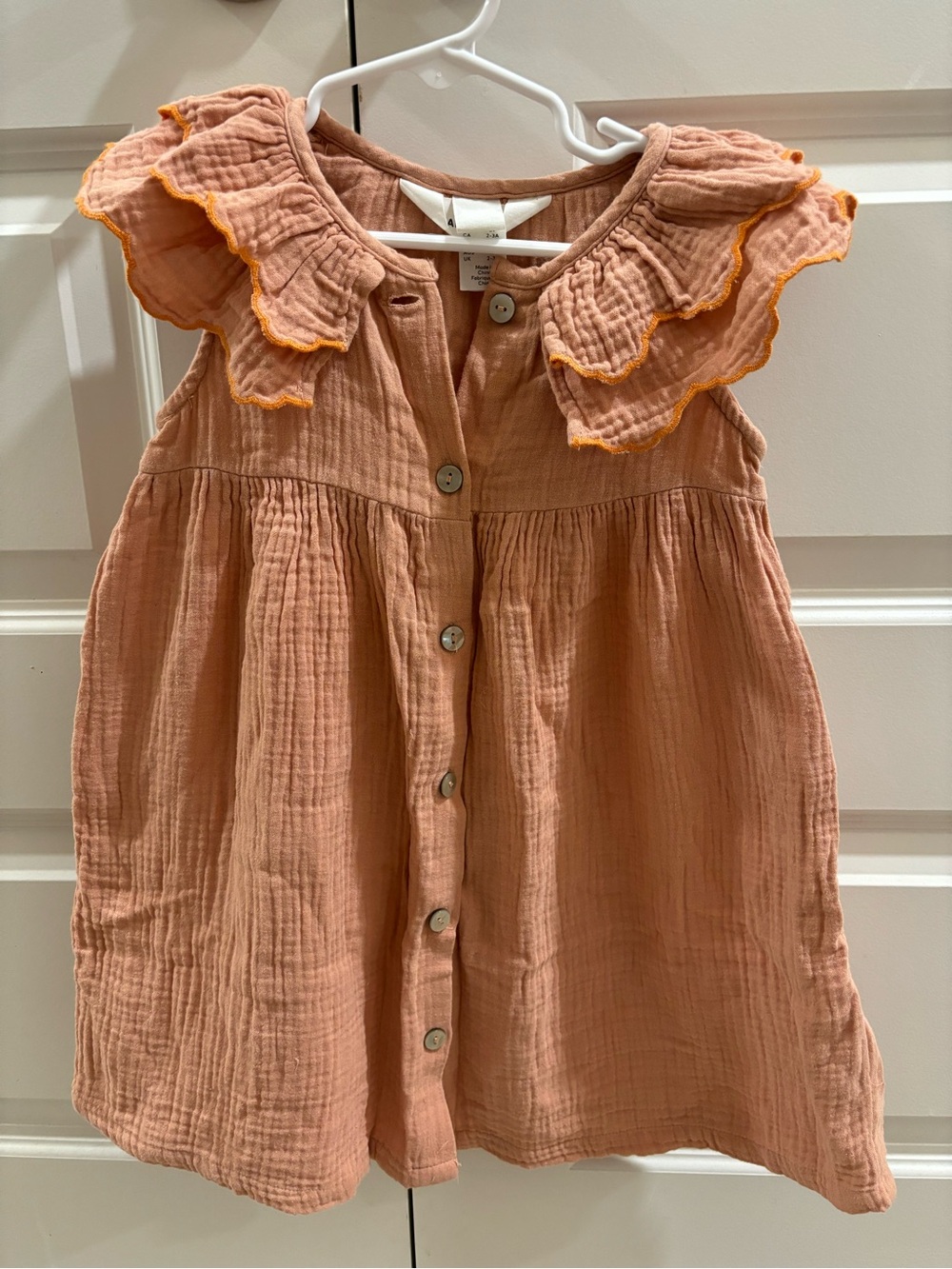 H&M Peach Cotton Gauze Ruffle Collar Dress with Orange Trim
